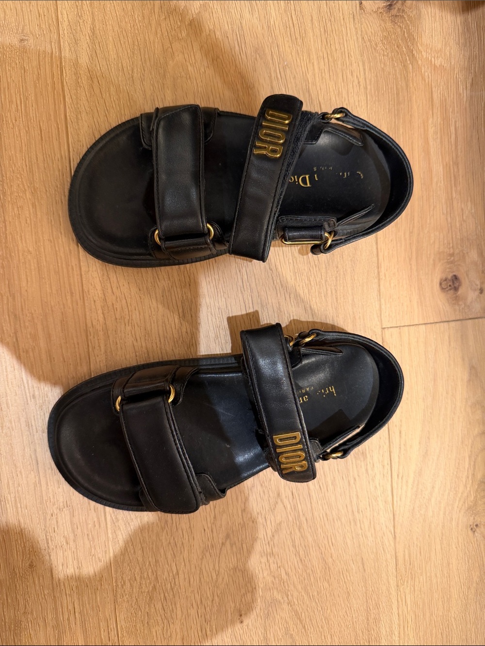 Dior Black Leather Men's Gold-Accented Velcro Strap Sandals